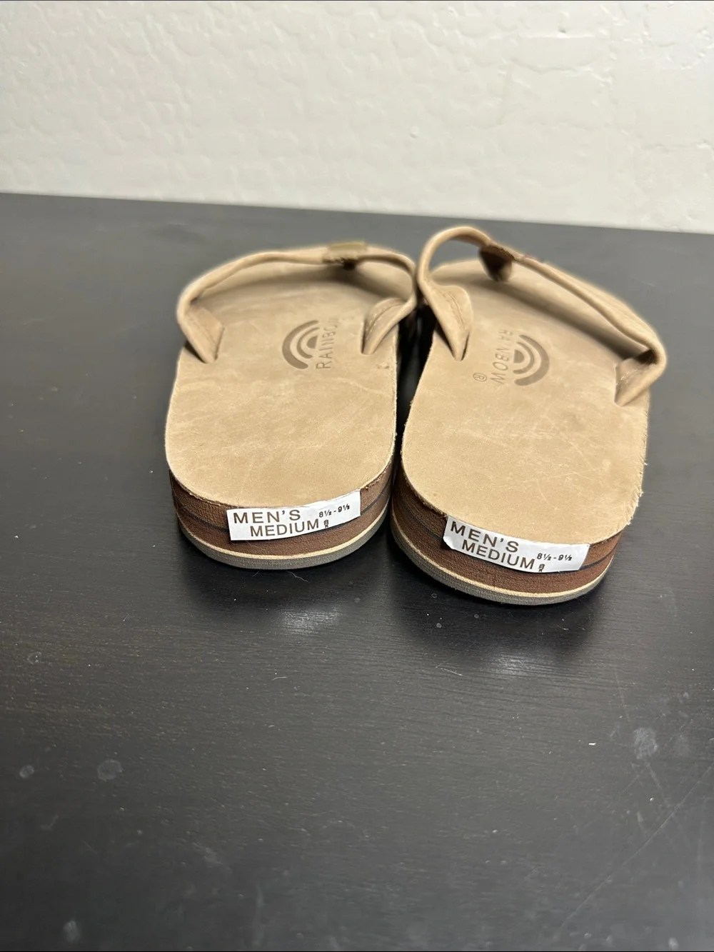 Rainbow Men’s Tan Suede Leather Flip Flops with Olive Webbing